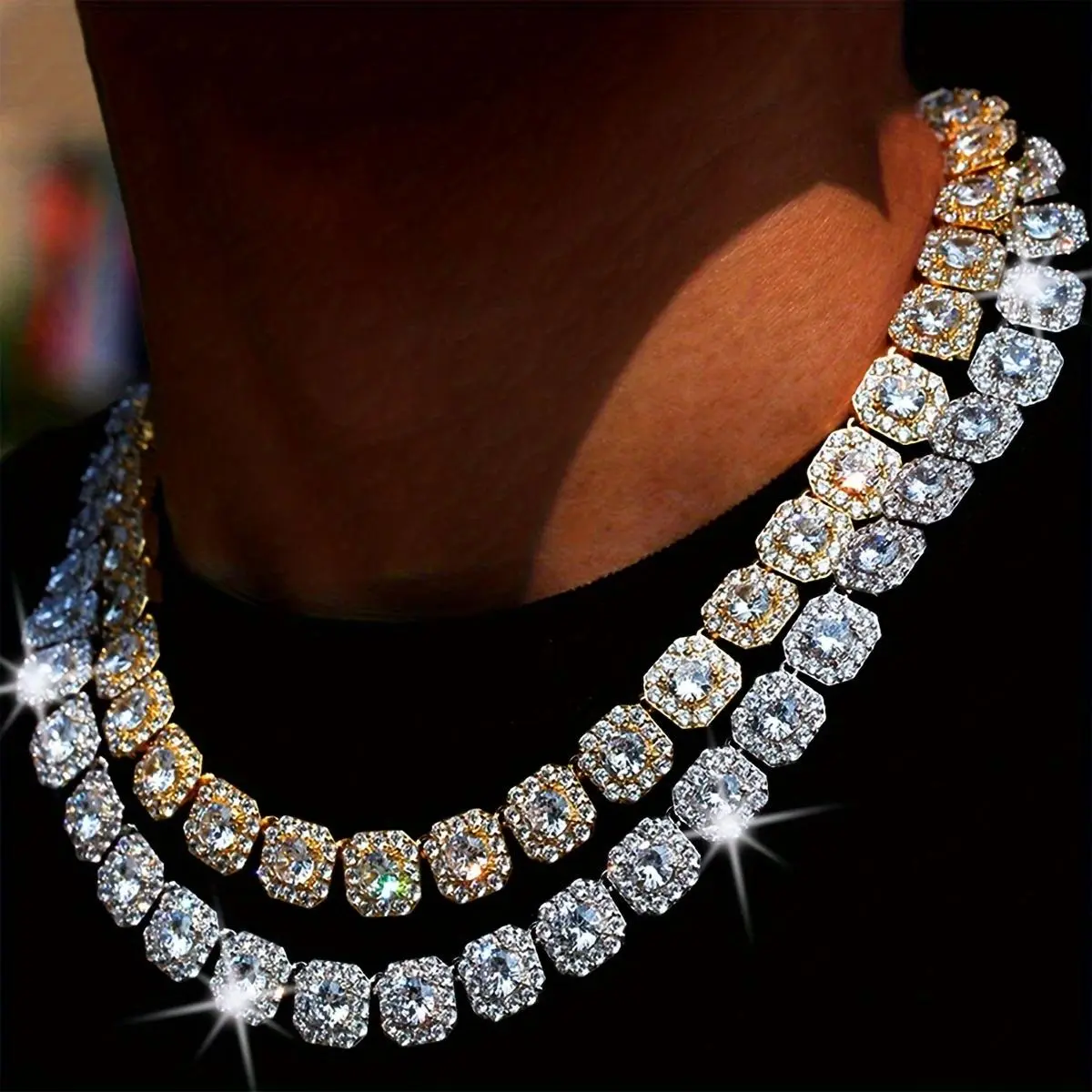 Fashion Square Cuban Chain Necklace with Rhinestone Decoration, Men's Zinc Alloy Choker, Hip Hop Style Jewelry Accessories, Fashionable and Versatile