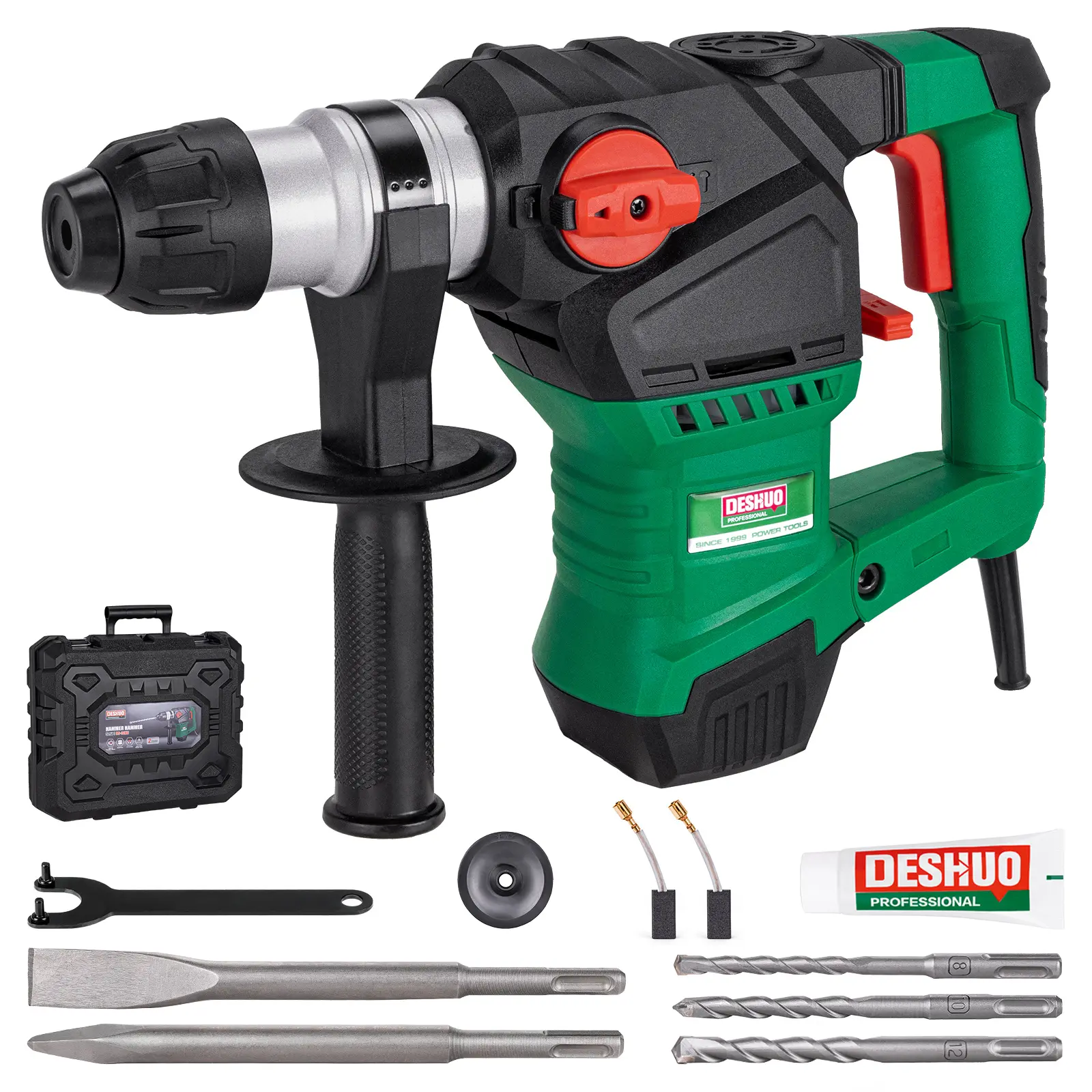 1-1/4" SDS-Plus Corded Rotary Hammer Drill, 12.5 A 3-Function Power Drilling Tools with Vibration Control, Safety Clutch, 3 Drill Bits, 2 Chisels, Carrying Case for Concrete
