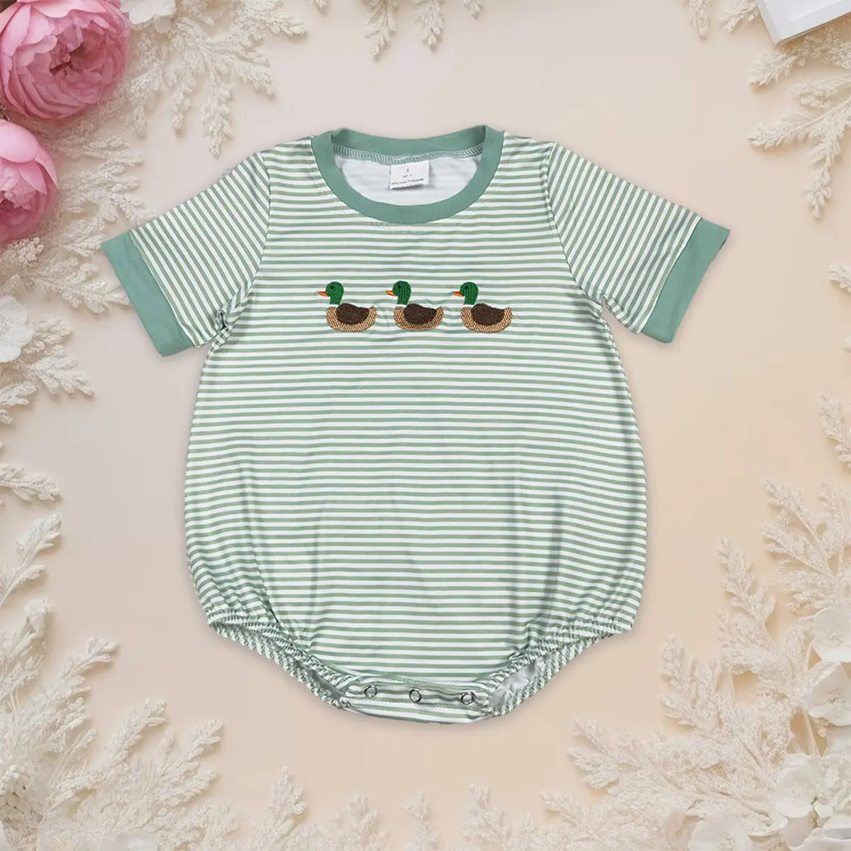 Infant Baby Boy Bubble Bodysuit - Green Stripes Print, Short Sleeve, Embroidery Duck Design, Comfortable Everyday Casual Summer Hunting Outfit, Stripes Print Bodysuit