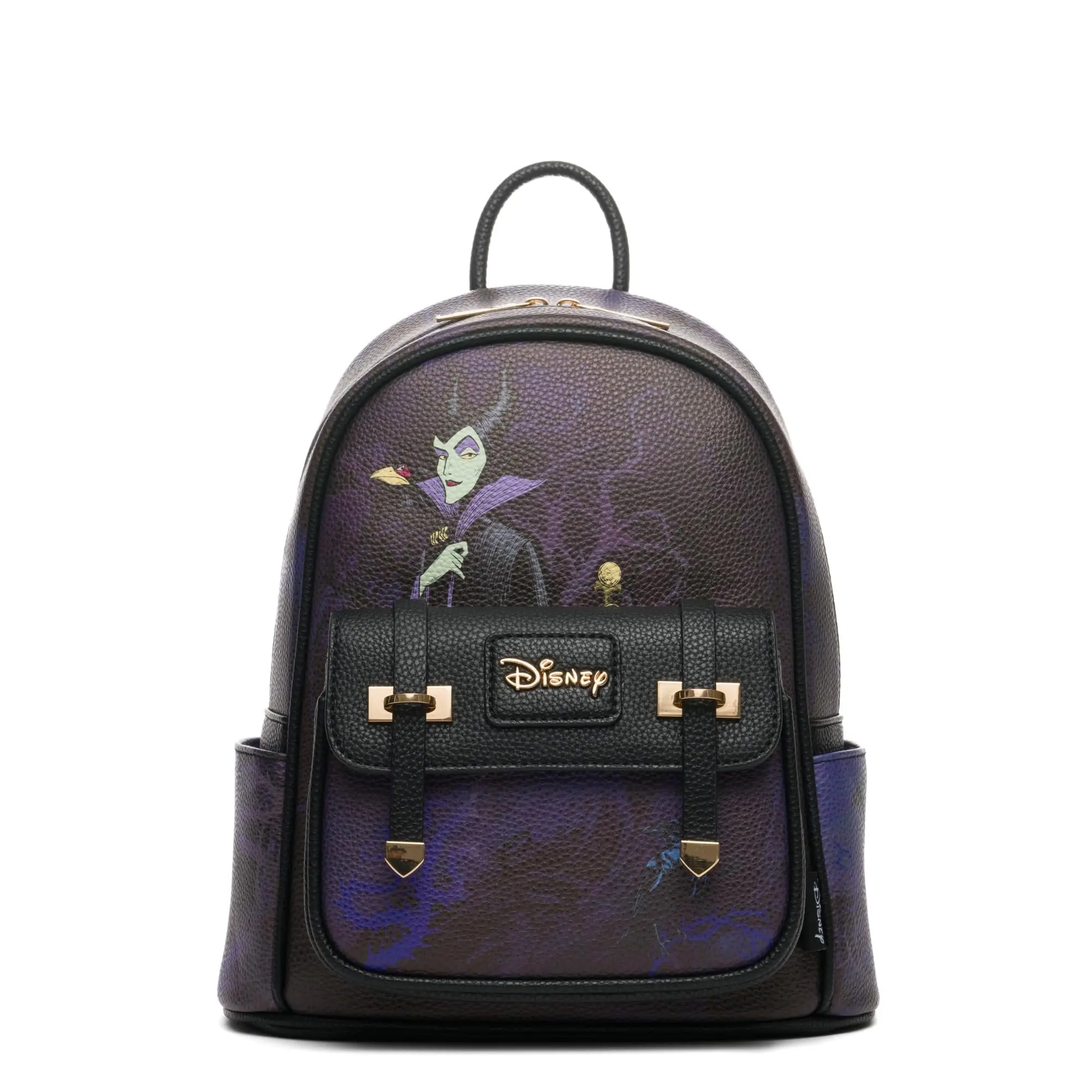 Custom Printed Disney Villains Maleficent 11" Vegan Leather Fashion Mini Backpack, Faux Leather, Character Backpacks, Mini Size, Side Pockets, Exclusive Wondapop Dust Bag, Magnetic Closure, Nylon