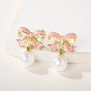 Women’s Bow Pearl Drop Dangle Earrings, Trendy Cute Bowknot Stud Jewelry with Elegant Pearl Design, Perfect for Wedding Party & Daily Casual Wear, Ideal Valentines Day Gifts for Her, Fashion Female Accessory for All Occasions