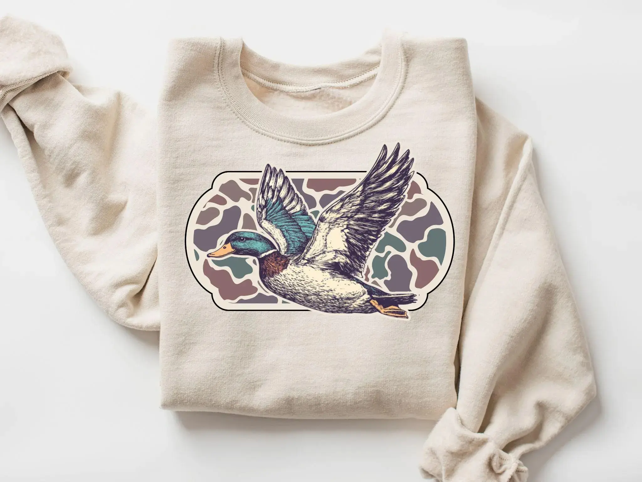 Camo Flying Mallard Bird Old School Camo Sweatshirt,  Sublimated Vintage Gildan Sweatshirt, Crewneck  gildan Waterfowl Duck Sweatshirt, Retro Duck Shirt, Duck Hunting Crewneck