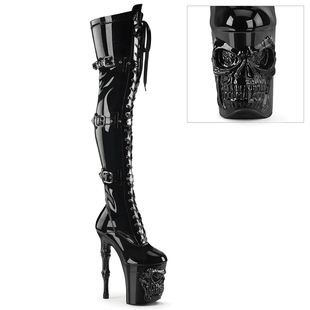 Gothic Style Stretchy Thigh High Boots for Women - Fashion Footwear with 8" Finger Bone Heel, 4" Skull Platform, Lace-Up, Buckles & Inner Zip, Fashion Boot, Decor, Alt Outfits, Alternative Style, Decorative, Statement Shoes, Avant Garde Fashion