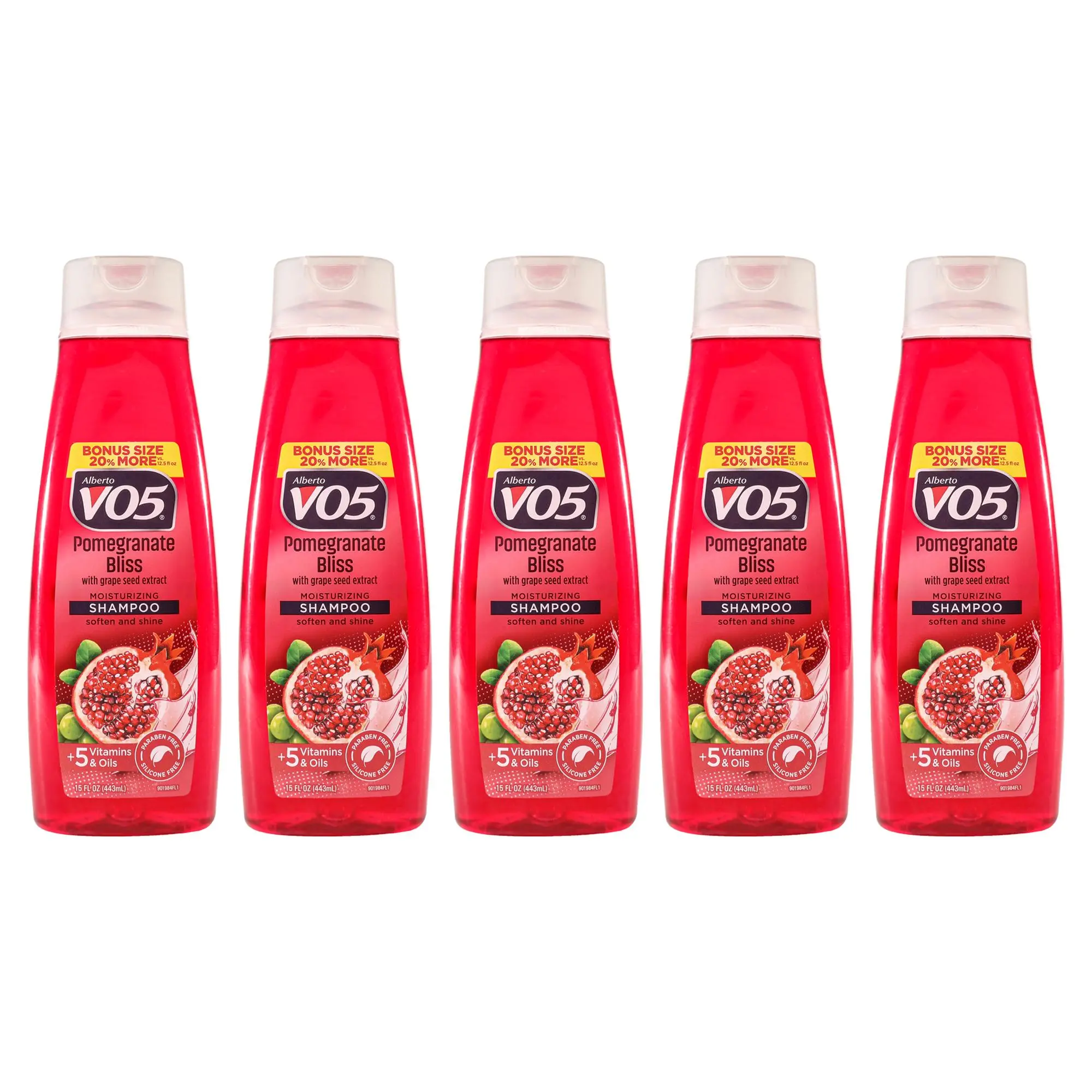 Alberto VO5 Unisex Moisturizing Pomegranate Bliss Haircare Cleanser - 15 oz Daily Hydrating Scent Shampoo, Pack of 5, Moisturizer, Five Bottles