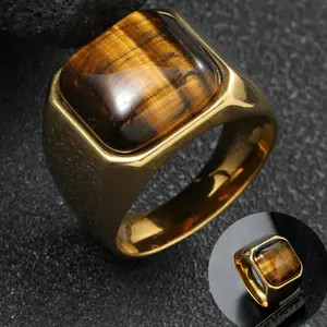 14k gold-plated ring inlaid with tiger eye stone, thick band with natural stone, fashionable and unique, suitable for both men and women, for everyday wear, as a gift, or for parties