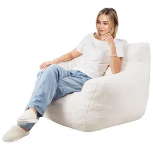 【FathersDayGift】VEVOR Bean Bag Chair,  , 3 feet Bean Bag Chair with Soft Armrests and Storage Pocket, 25D Memory Foam Filled with Soft Teddy Velvet Cover, Bean Bag for Bedroom or Playroom, White