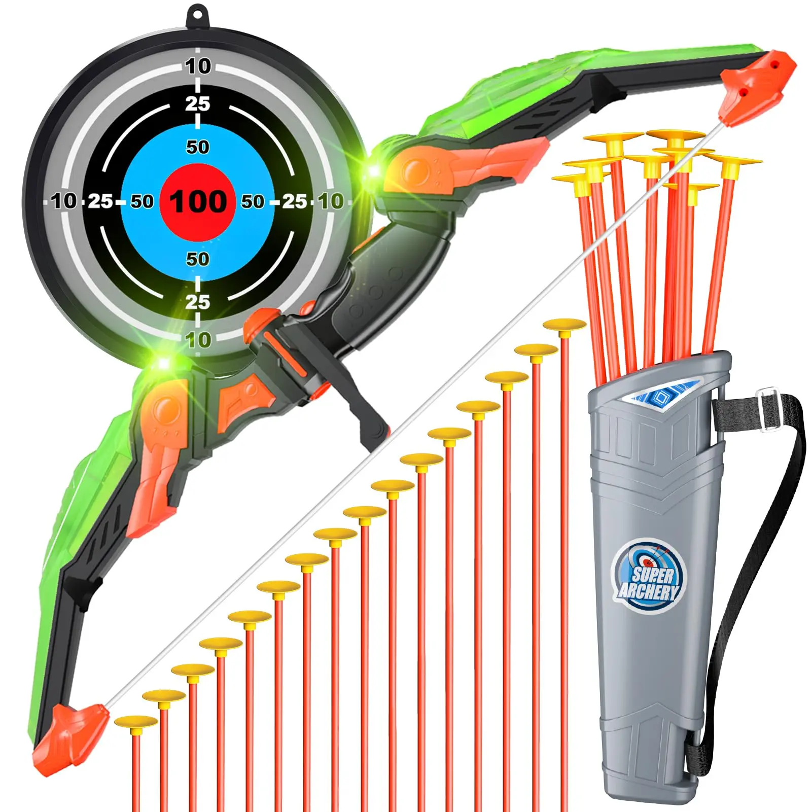 Portable Bow and Arrow Set with Light-up LED, Target & Quiver, Indoor-Outdoor Archery Gift for Kids (Toys & Hobbies, Sports & Outdoor Play), Archery Toy Set