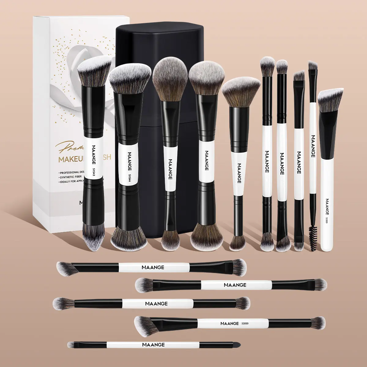 MAANGE 15pcs Double-Ended Synthetic Makeup Brushes Set with Storage Case, Cosmetic Brushes, Makeup Brush, Foundation Brush Loose Powder Brush Blush Brush Contour Brush Concealer Brush Eyeshadow Brush, Gift for Women & Girls