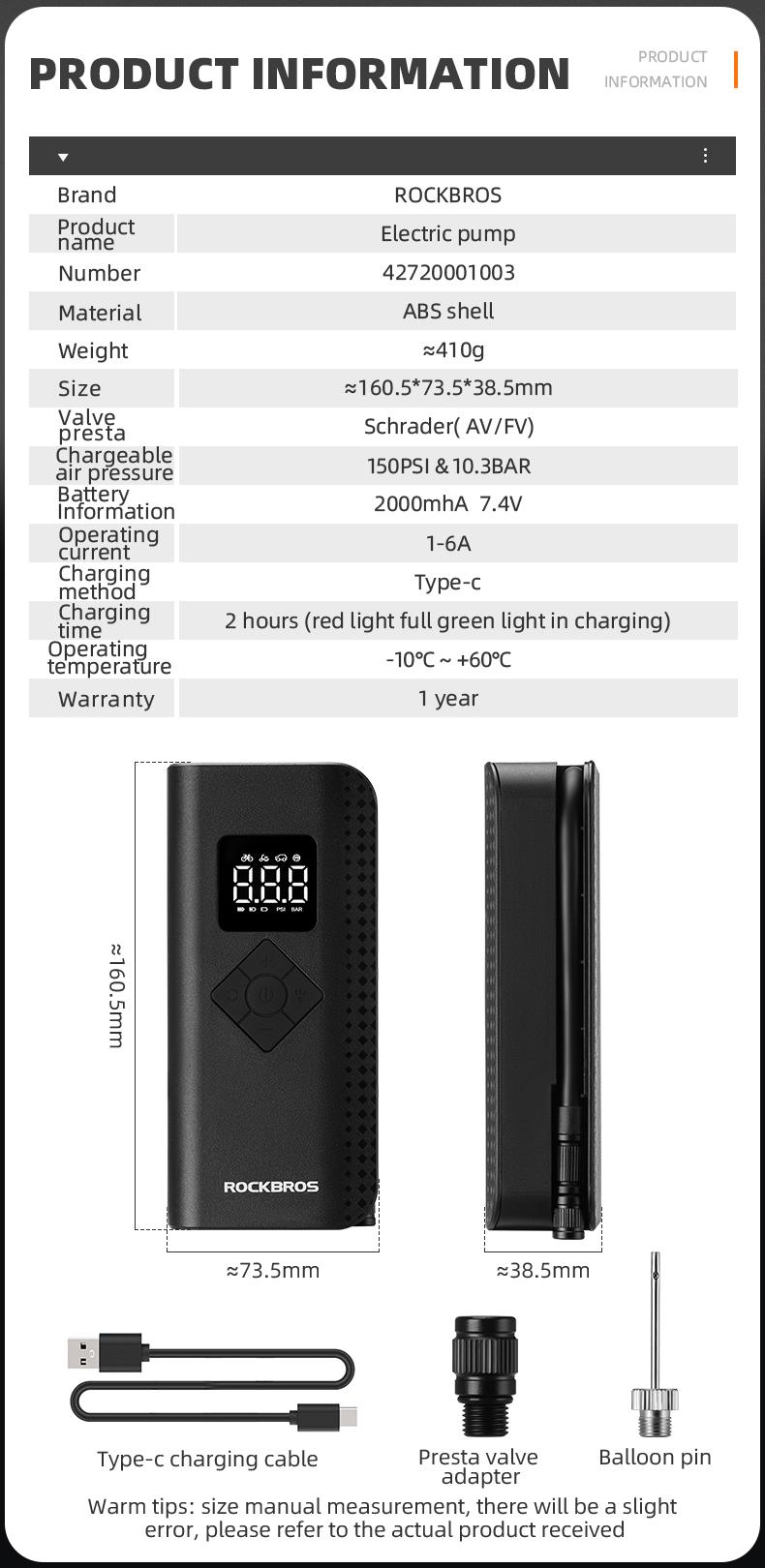 ROCKBROS A13 Mini Wireless Handheld Tire Inflator Tool, 150PSI High Pressure Portable Inflator, 2000mAh Smart Control Fast Inflation Cycling Air Pump with LED Light, Wireless Tire Inflator