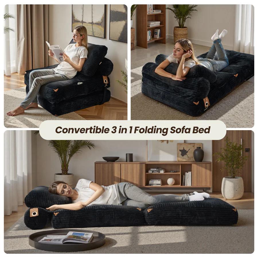 OOSWIFT 3 in 1 Convertible  Folding Sofa Bed, Convertible Sleeper Chair with Pillow Foldable Mattress with Back Support Upholstered Soft Couch