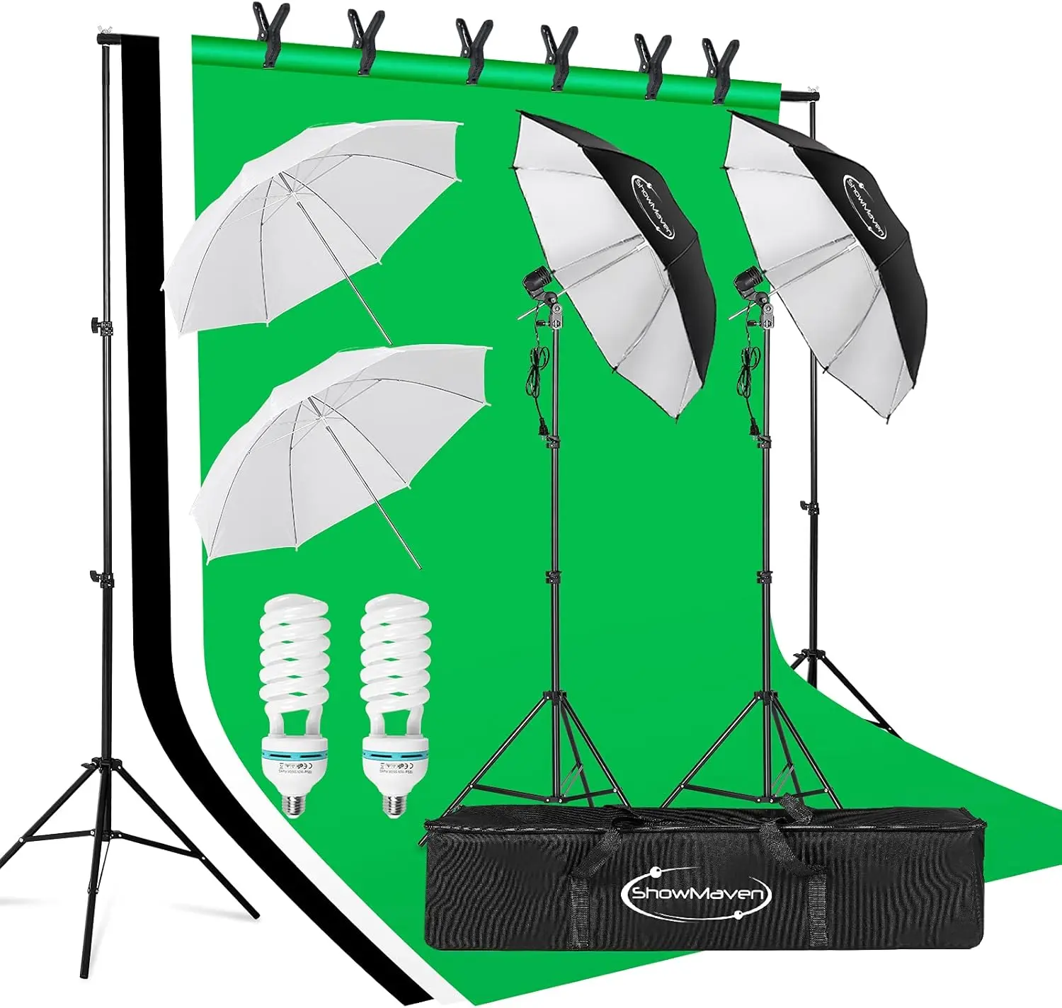 VINGLI Photography Lighting, 6.5ft x 10ft Backdrop Stand and Umbrellas Continuous Lighting Kit for Photo Studio Product, Portrait and Video Shoot Photography, Light Bulbs, Spiral