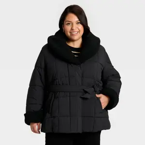 Women's Belted Faux Shearling Puffer Jacket - Ava & Viv Black 4X