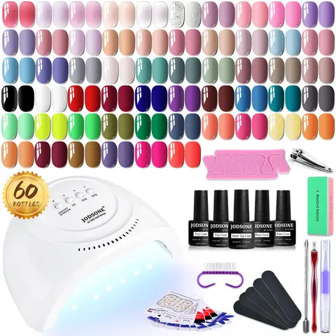 JODSONE 60-Piece Silky UV Gel Nail Kit - Nail Care Set with 55 Colors Polish, Smart UV LED Lamp, Base Coat, Matte & Glossy Top Coats, Manicure Tools, Brush for DIY Home Manicures