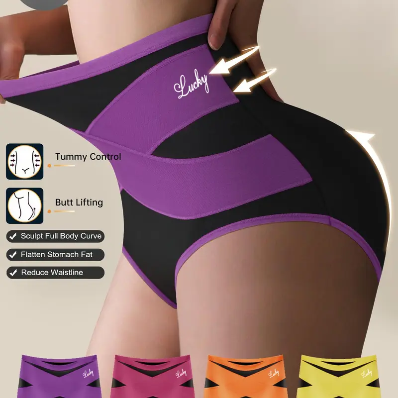 QUASTI Women's 4-Piece High-Waist Crossover Color Block Underwear Set - Polyester Fabric, Smooth, Breathable, Highly Elastic, Hip-Lifting, Tummy-Control Shaping Briefs, Comfortable Soft Basics, S-XXL, Suitable for Daily Wear
