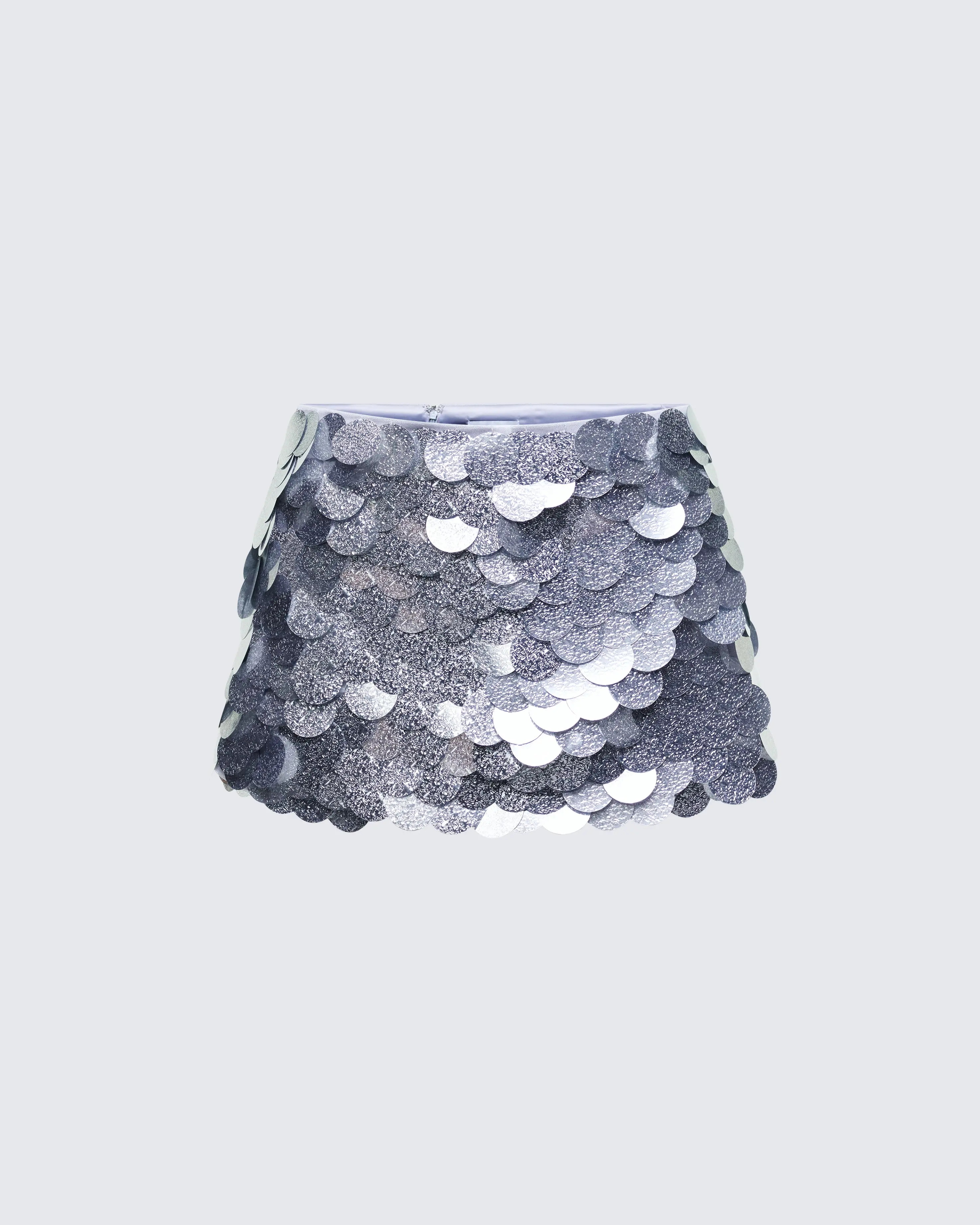 Women's Fitted Pearle Silver Disc Sequin Shimmer Mini Skirt, Zipper-Accented Women's Bottom