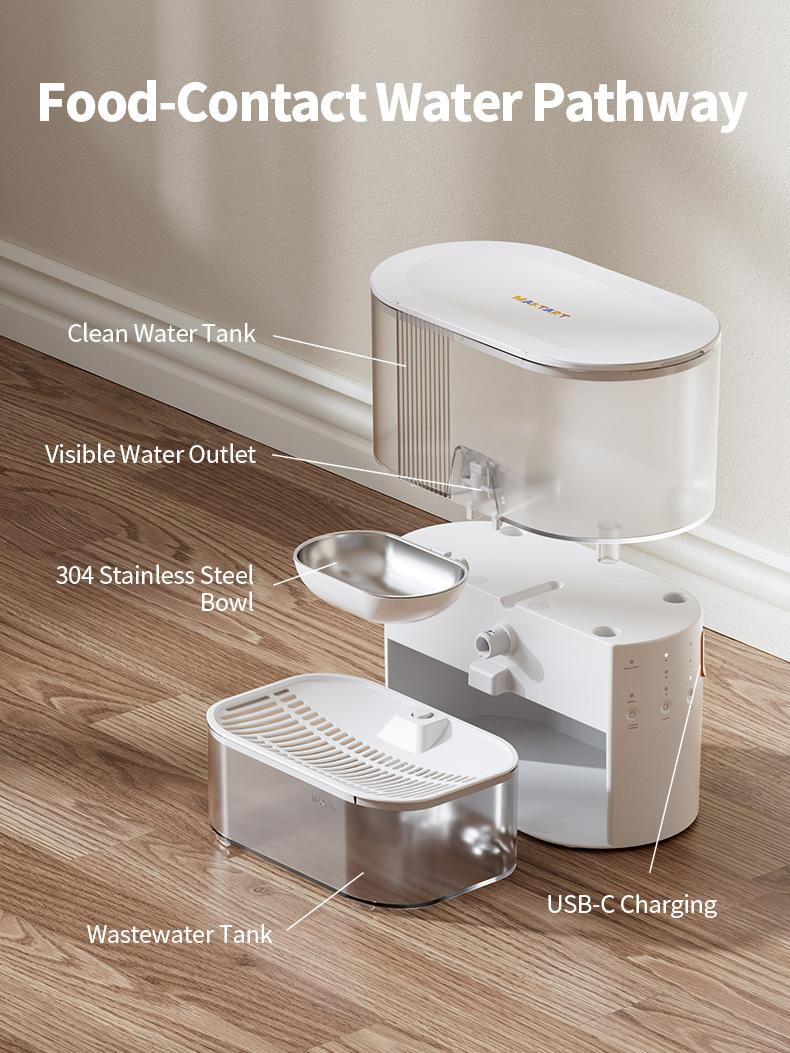 Wireless cat water fountain without filter cartridge, waste water separation function, MAKTART stainless steel bowl, 3000 mAh battery, 3.5 L water dispenser for cats and dogs, white
