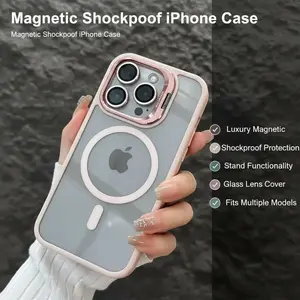 Luxury Magnetic Shockproof Phone Case For iPhone 15 14 13 12 11 16 17 Pro Max Plus 16E Funda Stand Glass Lens Protection Cover