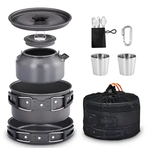 10Pcs Aluminum Camping Cookware Set for 2 Persons, Camping Pot Kettle Utensils Combo with Carry Bag, Outdoor Camping Cooking Gear for Hiking Picnic Backpacking