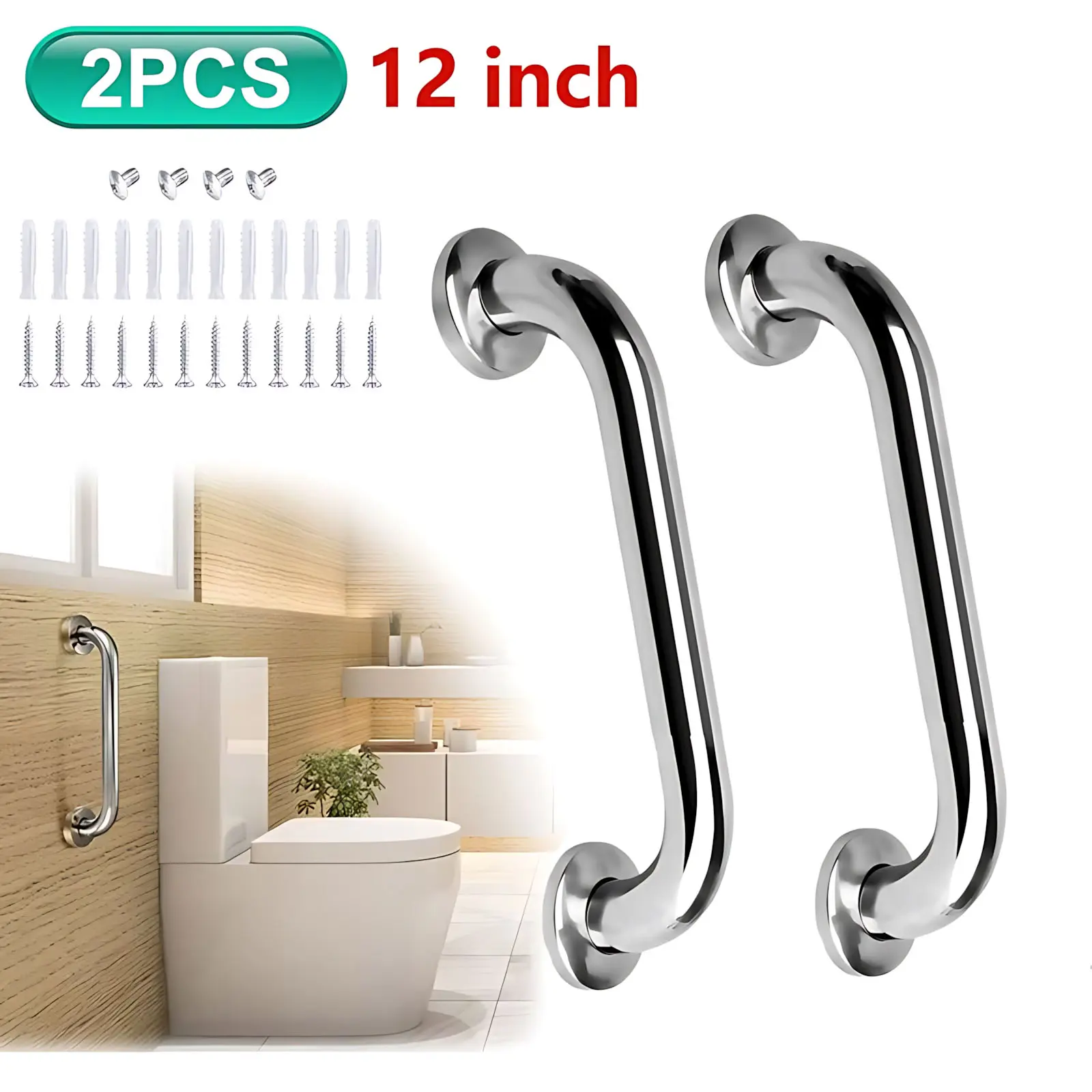 2Pcs Stainless Steel Wall-Mounted Bathtub Safety Rails, Anti-Slip Knurled Grip, Heavy-Duty Rust-Proof Bathroom Shower Grab Bar, Balance Aid for Elderly Users, Pregnancy & Surgery Recovery Support, Grab Bars