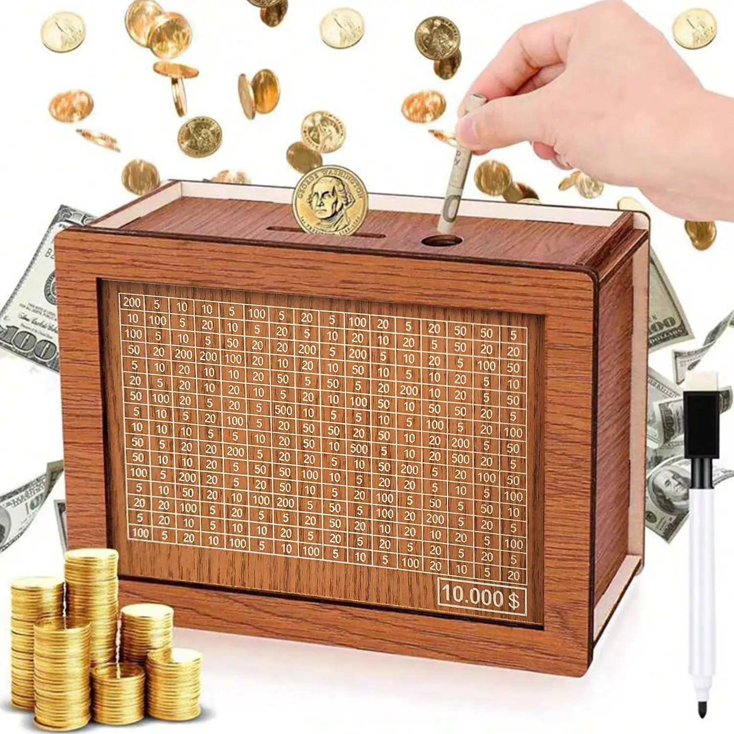 Rectangular $10,000 Savings Challenge Wooden Cash Vault, Money Saving Box with Lid for Kids, Birthday Piggy Bank Gift Home Decor Supply