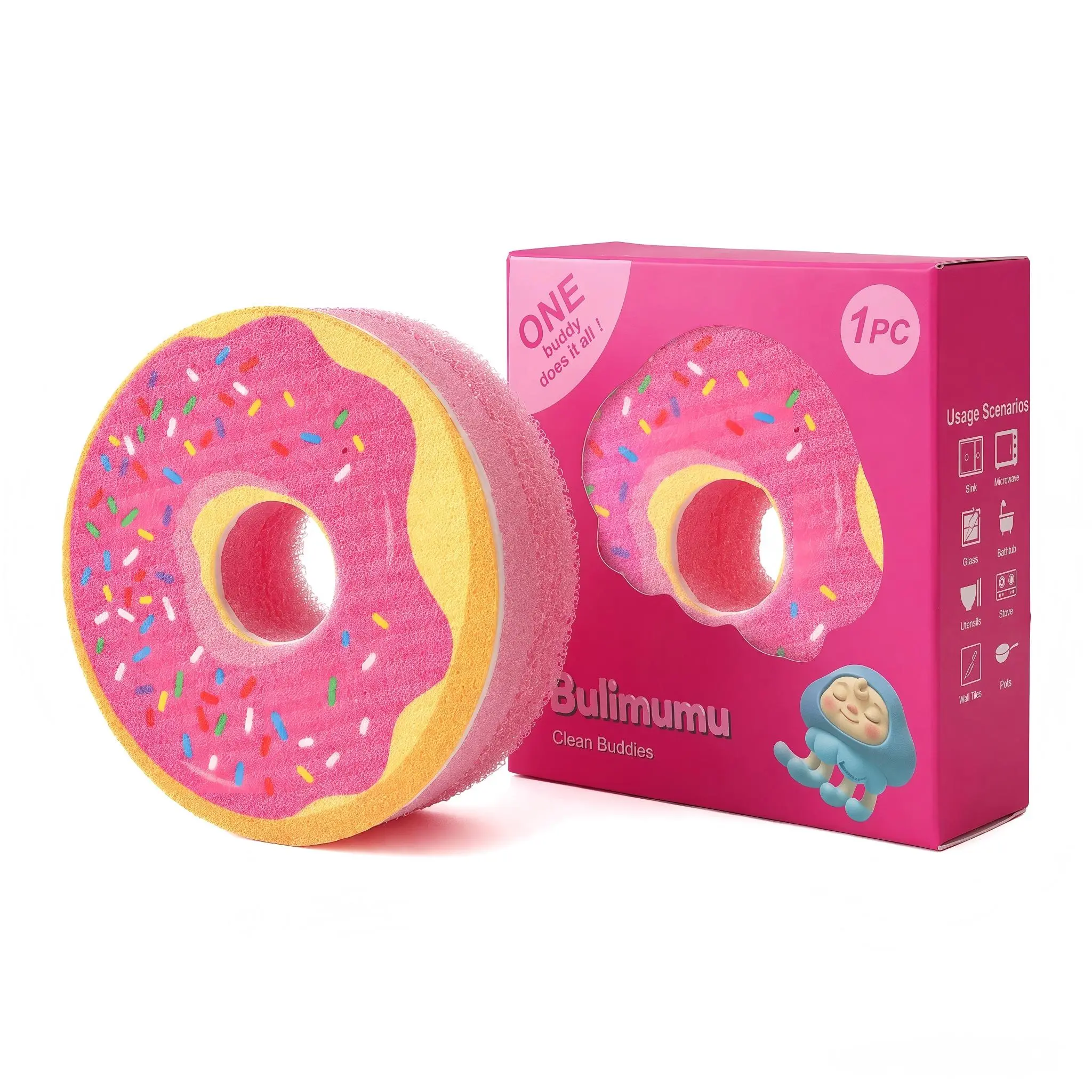 Bulimumu 3-Layer Heavy Duty Dish Scrubber - Non-Scratch Kitchen Cleaning Sponge for Cookware & Countertop, 3 Cute Shapes (Panda, Donut & Bow Tie)