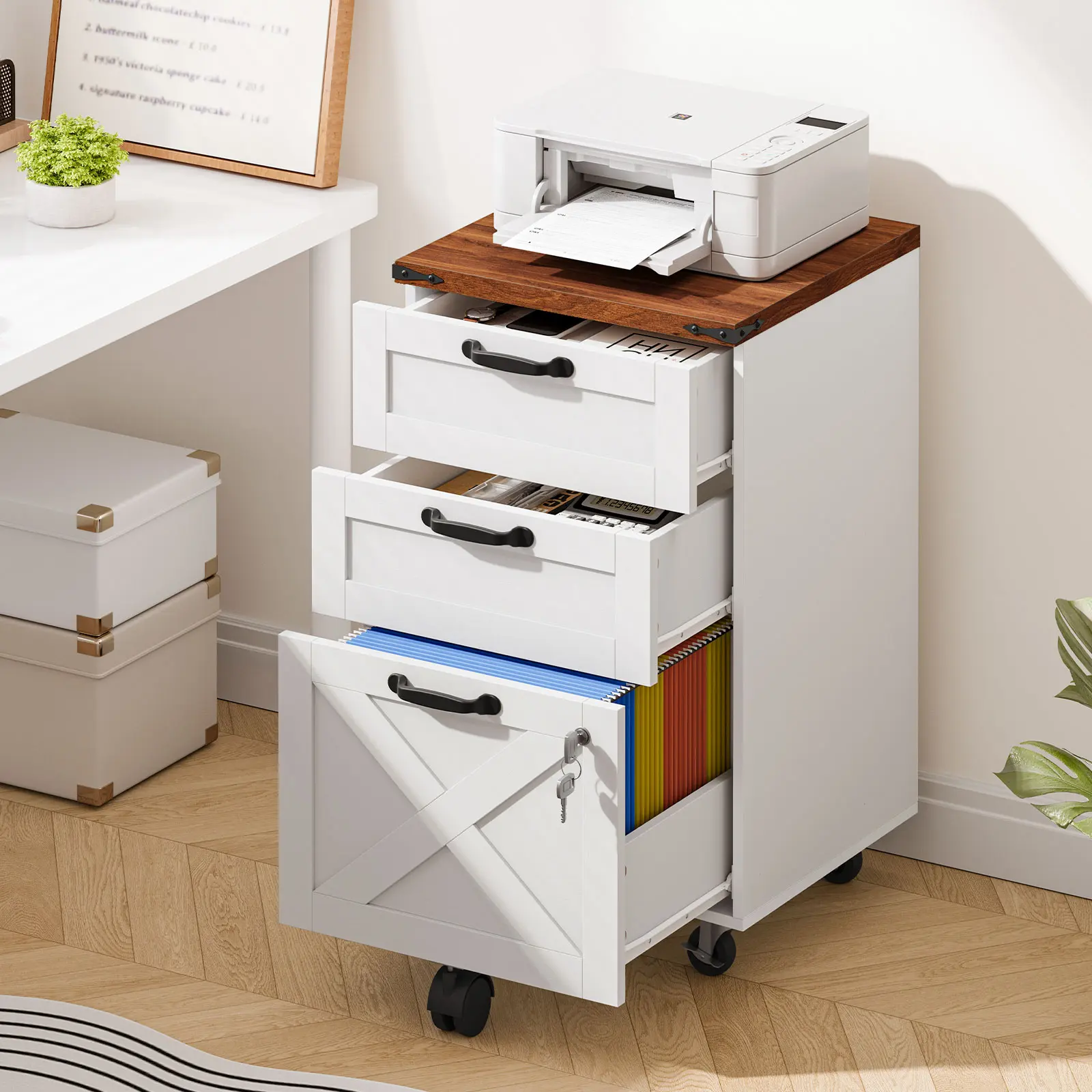 HOOBRO 3 Drawer File Cabinet with Lock, Mobile Farmhouse Filing Cabinet for A4/Letter Size, Under Desk Rolling Office Cabinet, Printer Stand with Storage for Home Office, White and Walnut #SummerVibes