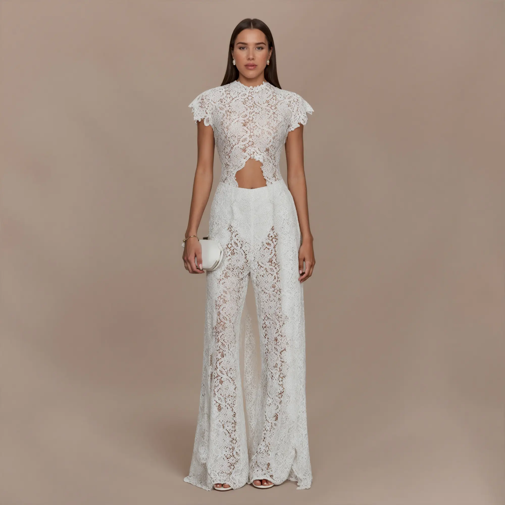 LikeMyChoice 2-Piece Boho Lace Set Sexy Halter Crop Top with Bell Sleeves & High-Waisted Wide-Leg Pants Trendy Eyelash Lace Outfit for Summer Festival & Beach Vacation
