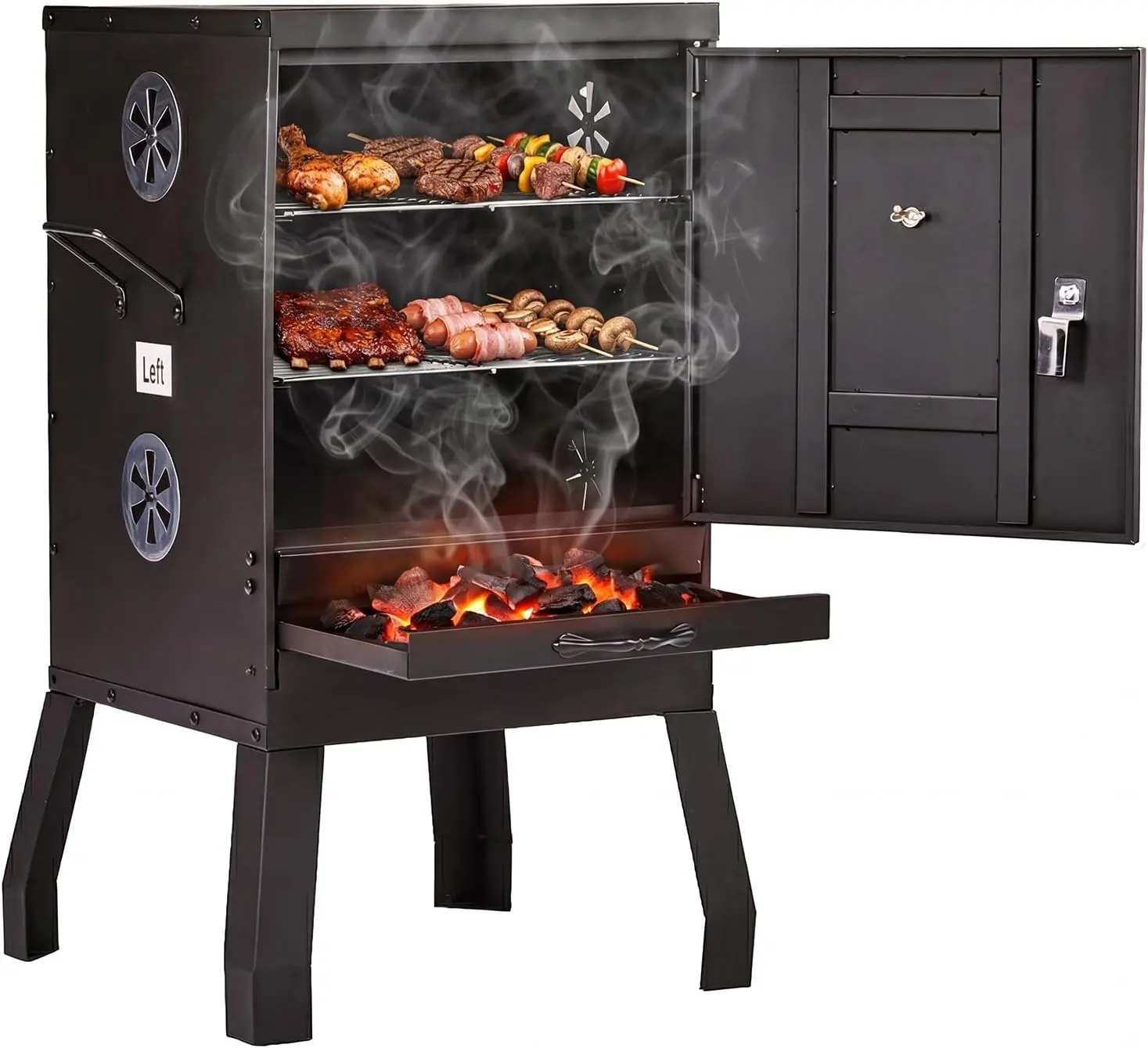 ROVSUN 2-in-1 Outdoor Smoker with Door, Vertical Portable Charcoal Grill with Two Detachable Grill Smoking Racks and Charcoal Pan, Perfect for Camping Barbecue, Small Families, Black