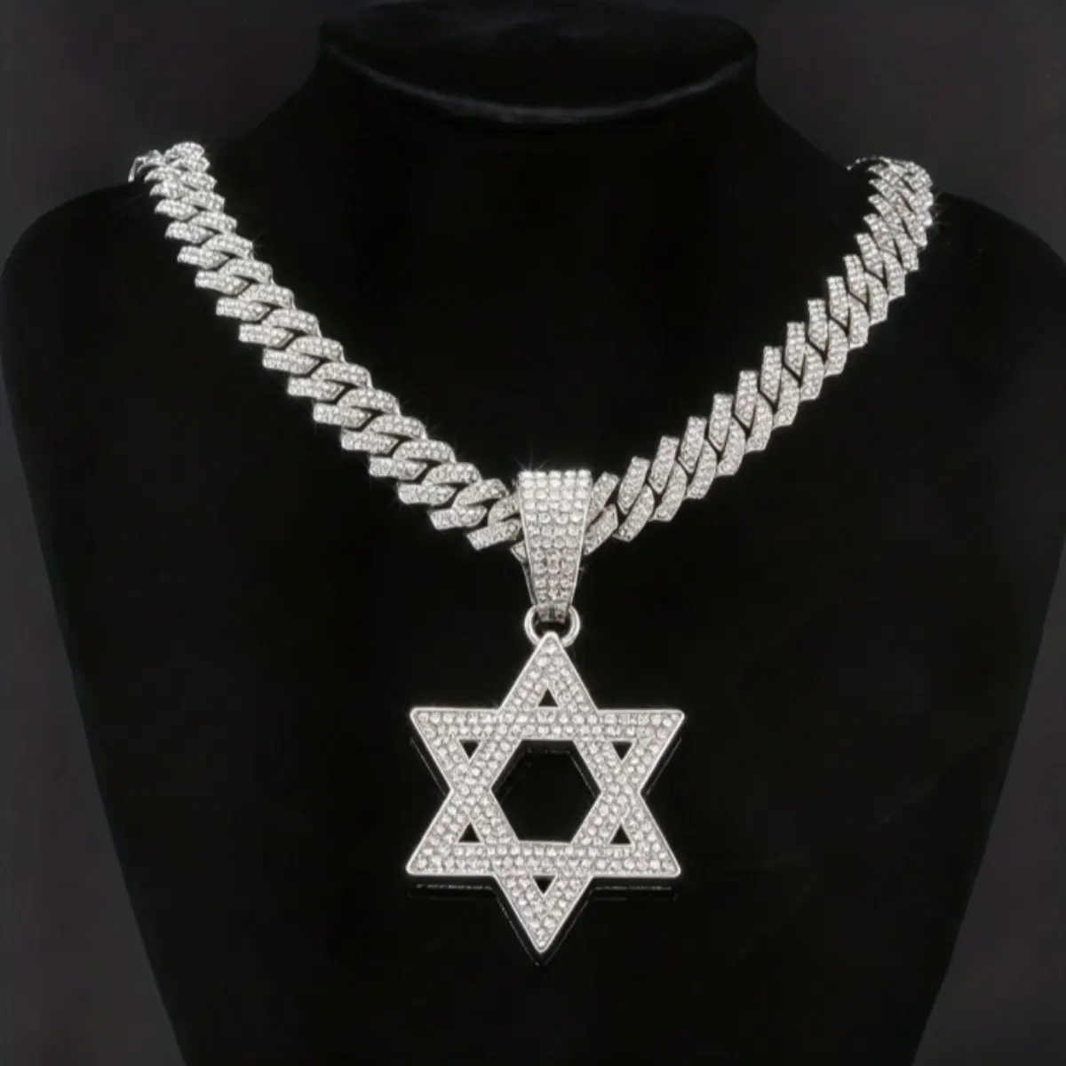 Mens Hip Hop Iced Out Hexagram Star of David Pendant Necklace Full Diamond Bling Zirconia Hollow Rapper Streetwear Jewelry Statement Accessory Gift
