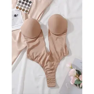 Women's Backless Strapless High Waisted Shapewear Bodysuit, Invisible Low-Back Thong, Kardashian Style, All Seasons, Moderate Fabric Thickness