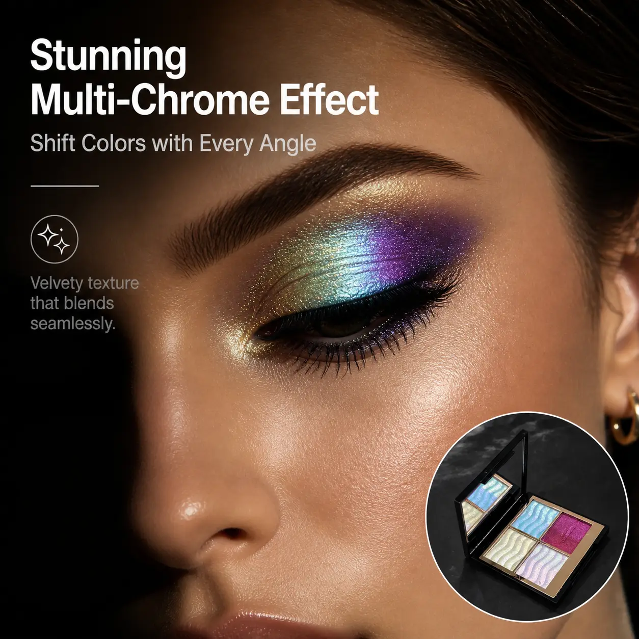 HERORANGE 4-Color Multichrome Eyeshadow Palette, Sparkly Color-Shifting Formula for a Blue, Purple & Gold Glow, Long-Lasting Beautycosmetics with 02# Brush Set, Beginner-Friendly Gift, Topical Cosmetic, Makeup Beauty Cosmetics, Sparkly Eyeshadow, Glitter,