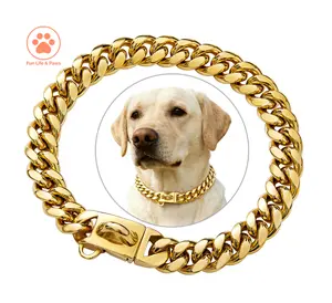 14MM Cuban Link Dog Chain Collar, 18K Gold Plated & Silver Stainless Steel Solid Dog Collar,  Luxury Heavy Duty Chew-Proof Dog Necklace, Sizes 10–28 Inch Trendy