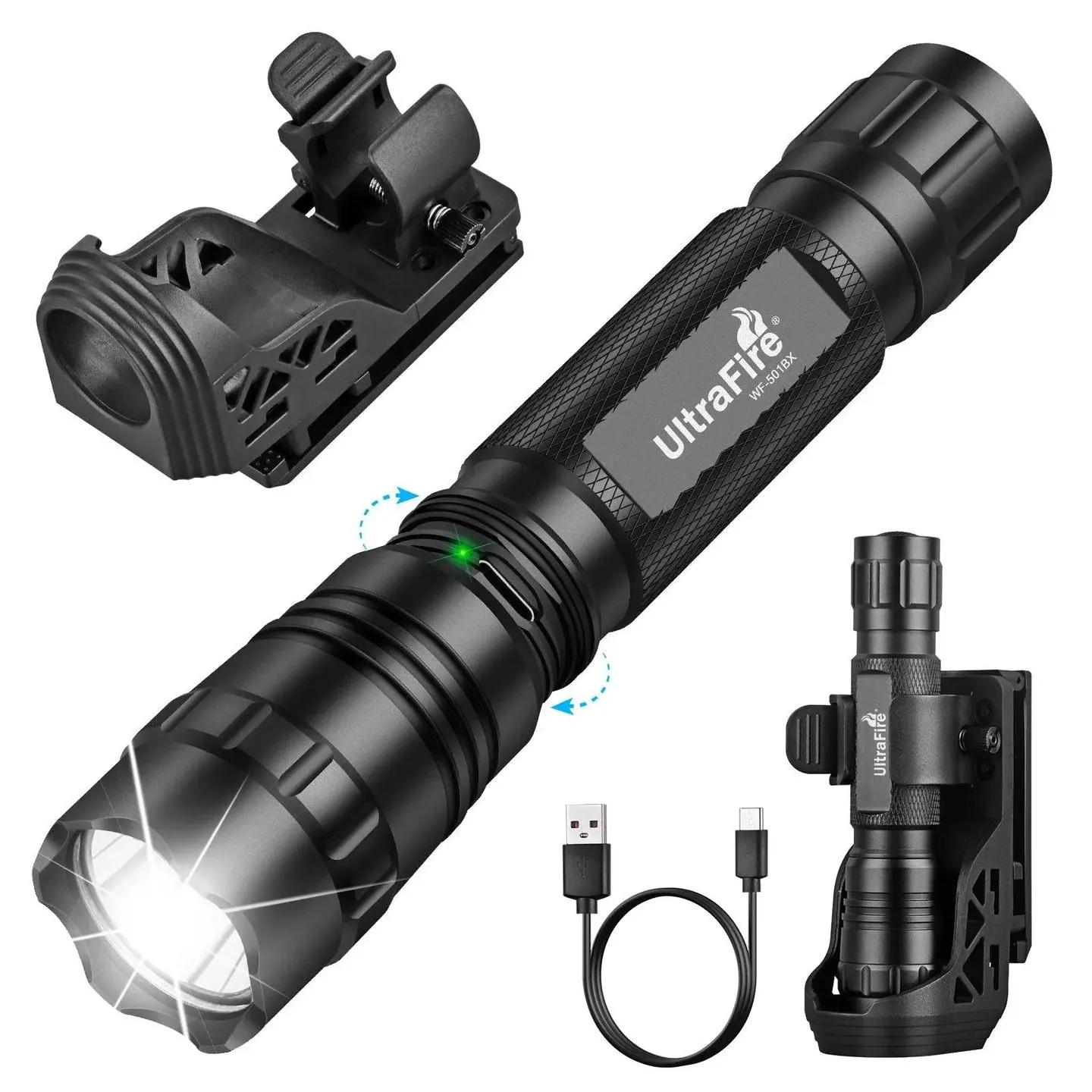 UltraFire WF-501BX Tactical LED Flashlight - High-Lumen USB Rechargeable Aluminum Torch, 1000 Lumens, 3-Way Modes, 360° Rotatable Holster, 250m Range for Outdoor Duty Patrol, Powerful Handheld Flashlights, Rechargeable Spotlight Flashlight