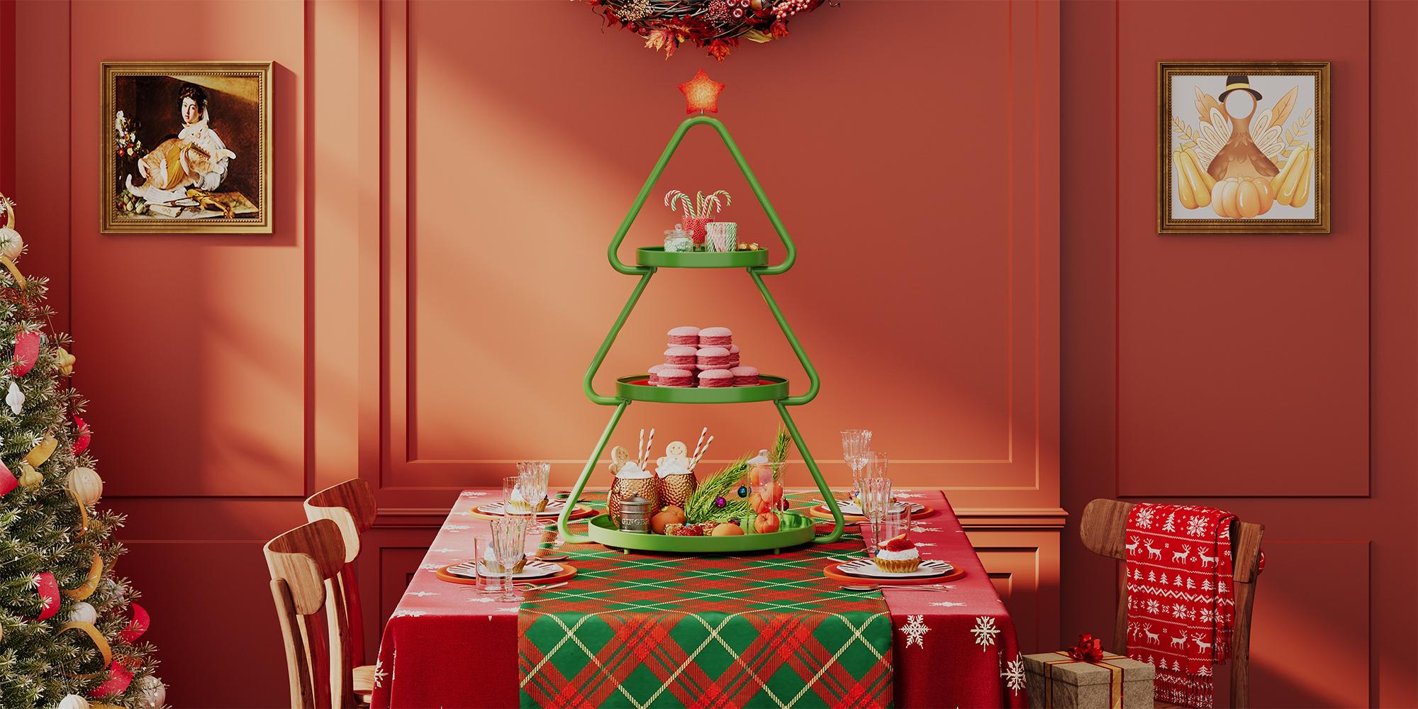 【Deal】Pinmoco Christmas Tree Snack Shelf Cart, Halloween & Christmas Decorations Cupcake Tray Holiday Festival Wedding Bar Party Supplies, 3-Tier Rolling Stand for Festive Decor & Food Display