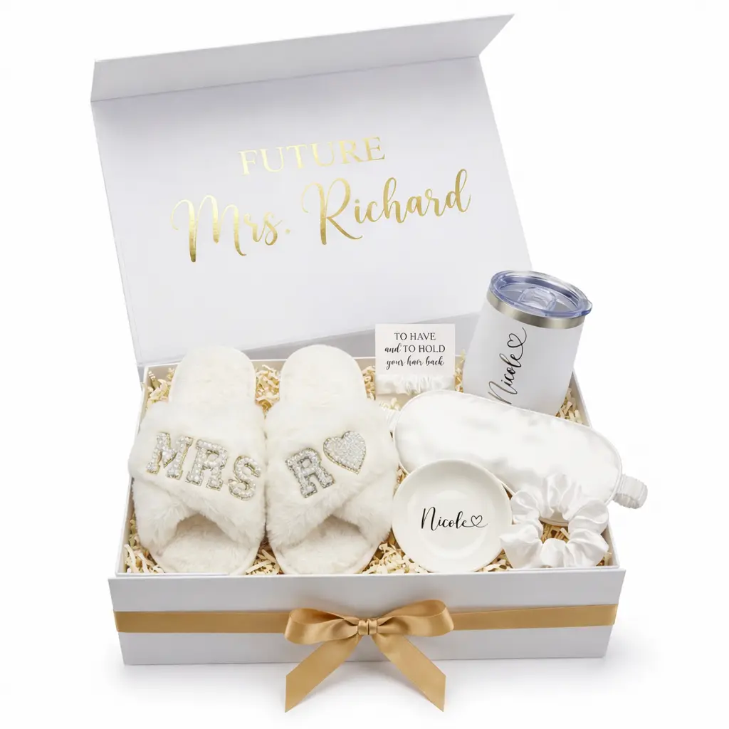 Taniri Luxury Bridal Set - Unforgettable Ready-to-Gift Decorative Adult Bridal Shower Proposal Gift Box, Fully Assembled Customizable Set with Custom Slippers, Magnetic Stainless Steel Tumbler, Jewelry Dish, Satin Sleep Mask, Scrunchie