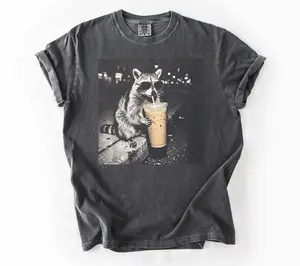 Comfort Colors Retro Raccoon Drinking Iced Coffee Shirt Funny Animal Meme Tee Coffee Lover Raccoon Shirt Unisex Graphic T Shirt