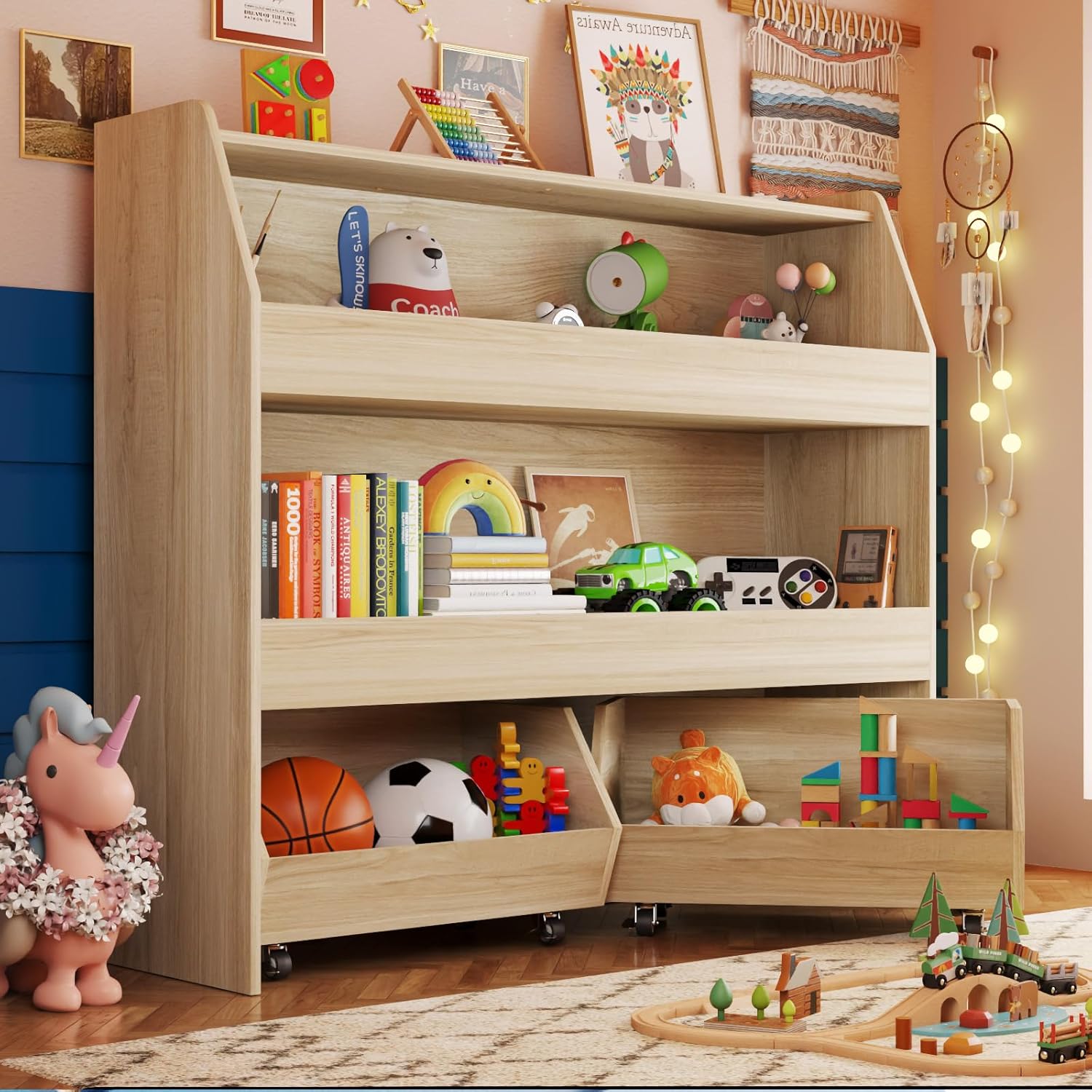 COZPAW Kids Bookshelf and Toy Storage, 4 Tier Toddler Bookshelf with Movable Drawer 5 Sling Pockets, Montessori Book Shelf for Kids Room, Playroom, Nursery (Oak)