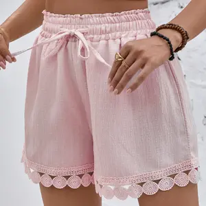 Lightweight Women's Shorts High Waist Drawstring Eyelet Lace Hem Vacation & Casual Shorts Springfresh