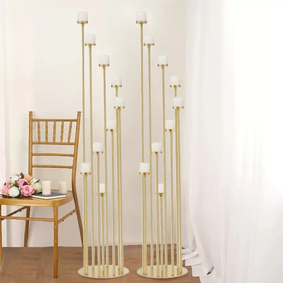VINCIGANT 2pcs 9 Arm Gold Candelabra Floor Candle Holders Tall Set for Wedding Aisle Decoration Fireplace Birthday Party Event Decor