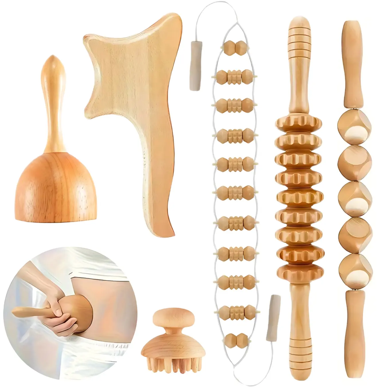 6-Piece Wooden Massage Set, Full Body Wood Therapy Kit, Manual Massager for Men and Women, Home and Sports Relaxation Tool