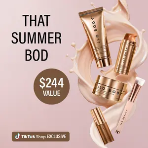 JLO BEAUTY - JLO Summer Body Bundle Glow & Firming – That Star Filter Complexion Booster, Tighten + Tease Body Serum, Smooth & Seduce Hydrating Body Cream, Firm + Flaunt Booty Firming Cream & Complexion Booster Brush