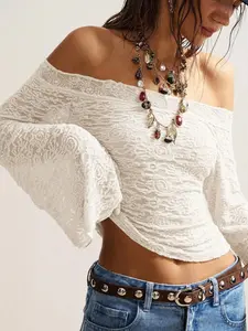Meghana Glow Bohemela Boho Vintage Casual Solid Color Knit Lace Off Shoulder Flare Sleeve Fitted Women Top