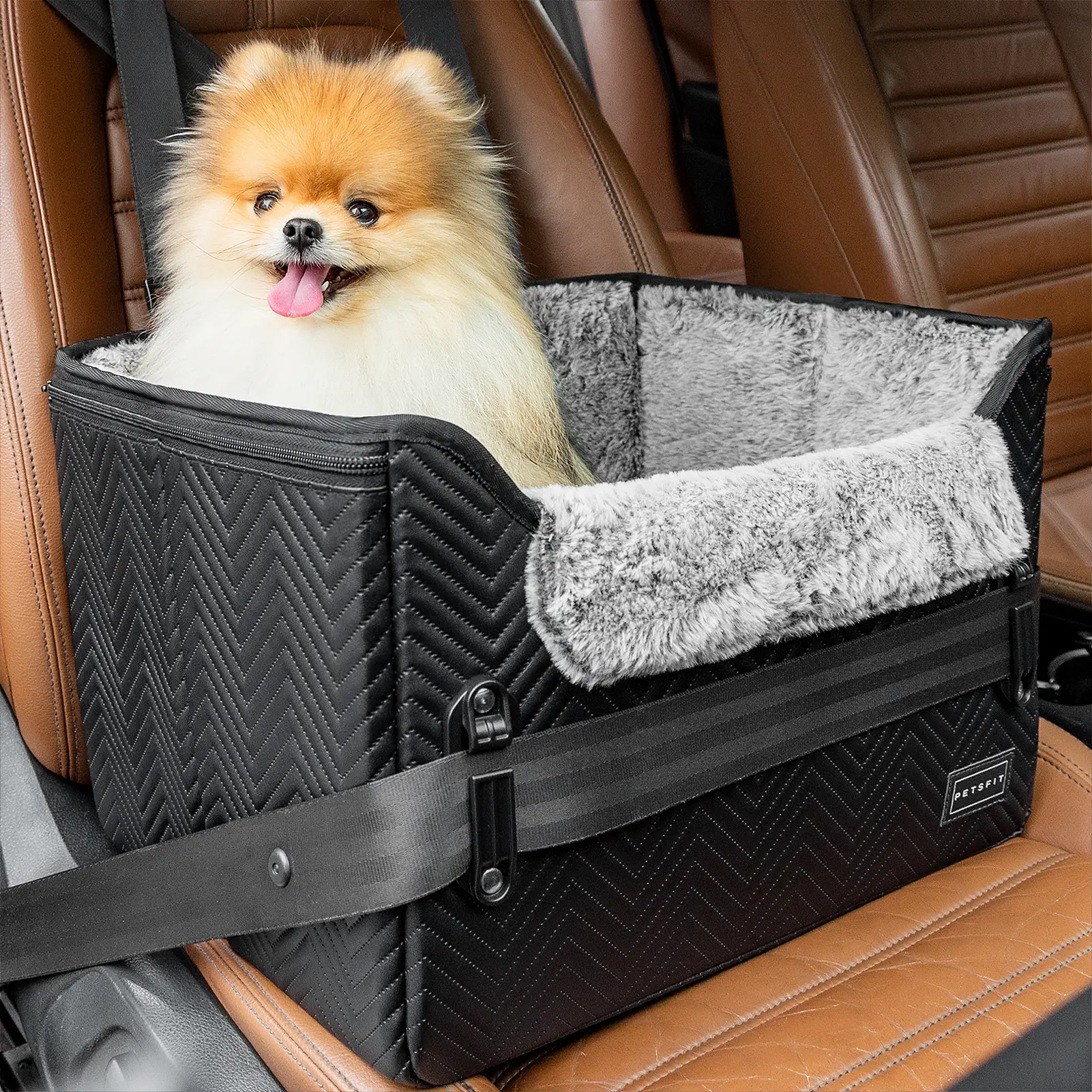 PETSFIT Small Dog Car Seat, Waterproof PU Leather Dog Carseat with Patent Safe Buckles, Clip-On Leash, Car Seat for Dogs, Cats Up to 25 lbs