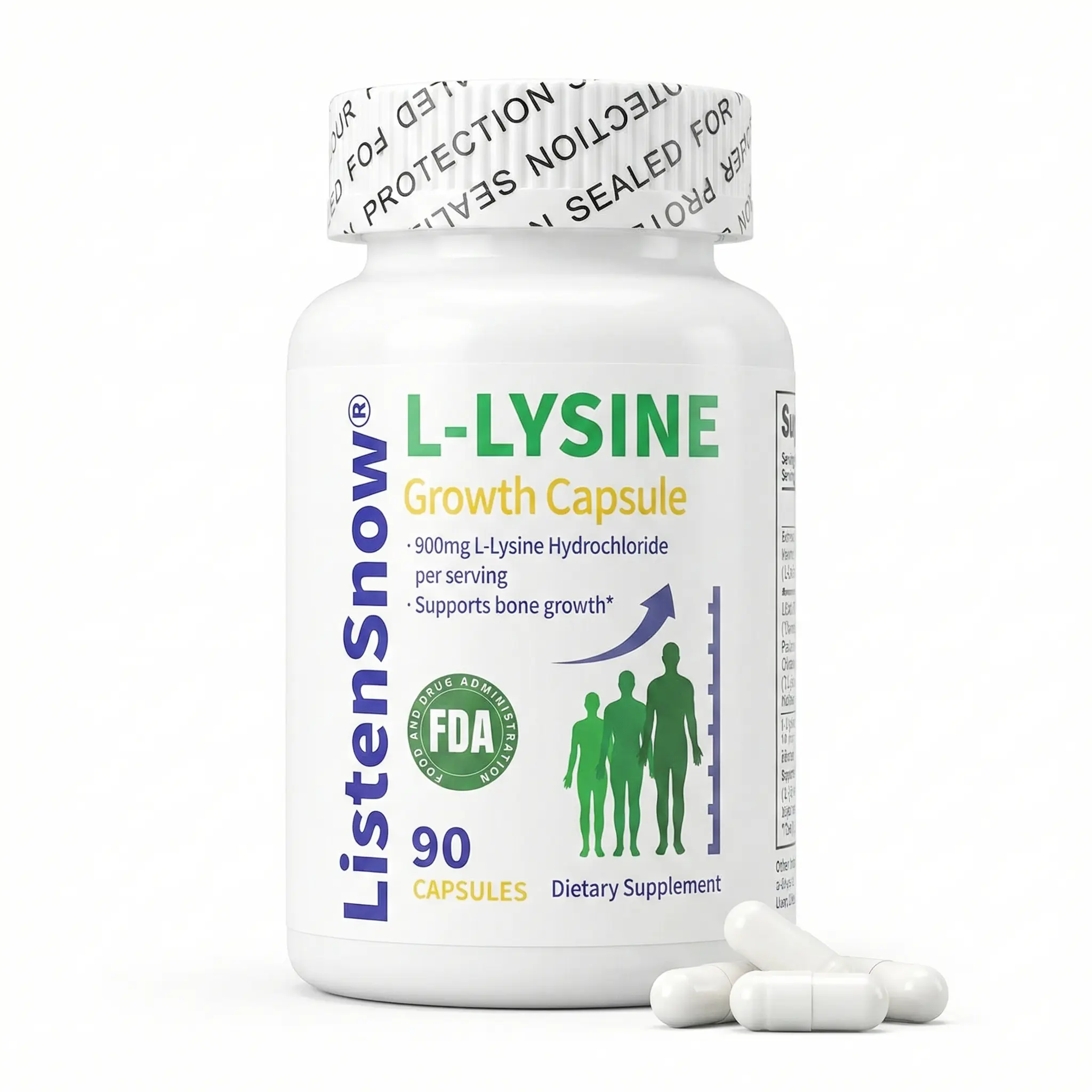 Listensnow Lysine Growth Vitamin Capsules - L-LYSINE & Calcium Blend for Bone Development, Stature Support - Natural Health Nutrition Supplement