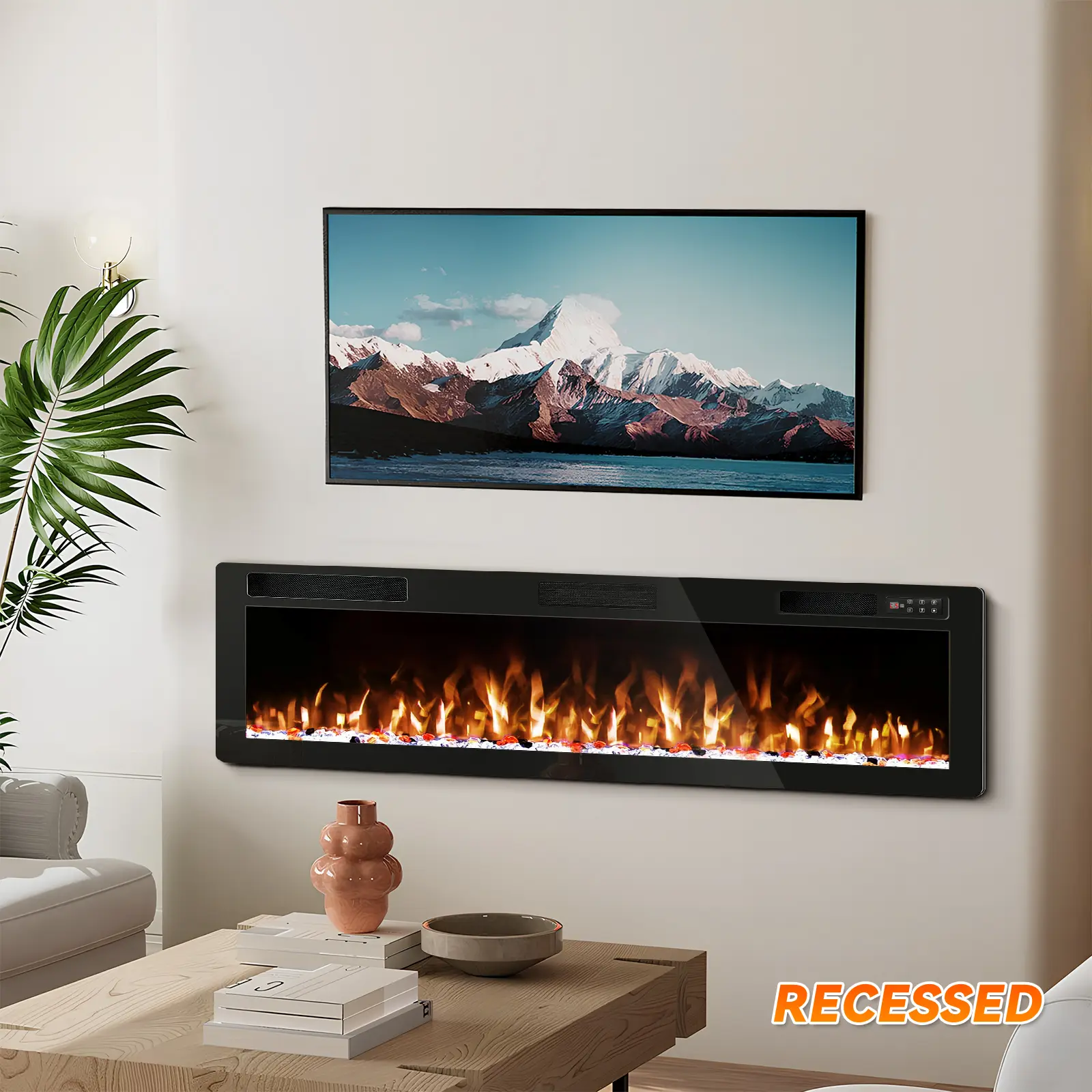 PUKAMI Electric LED Fireplace - In-Wall Recessed Heater with Tempered Glass Entertainment Center, Multicolor LED Light, 750/1500W Adjustable Heating, Automatic Thermal Safety, Timer, Touch Screen & Remote for Living Room, Studio Apartment Setup