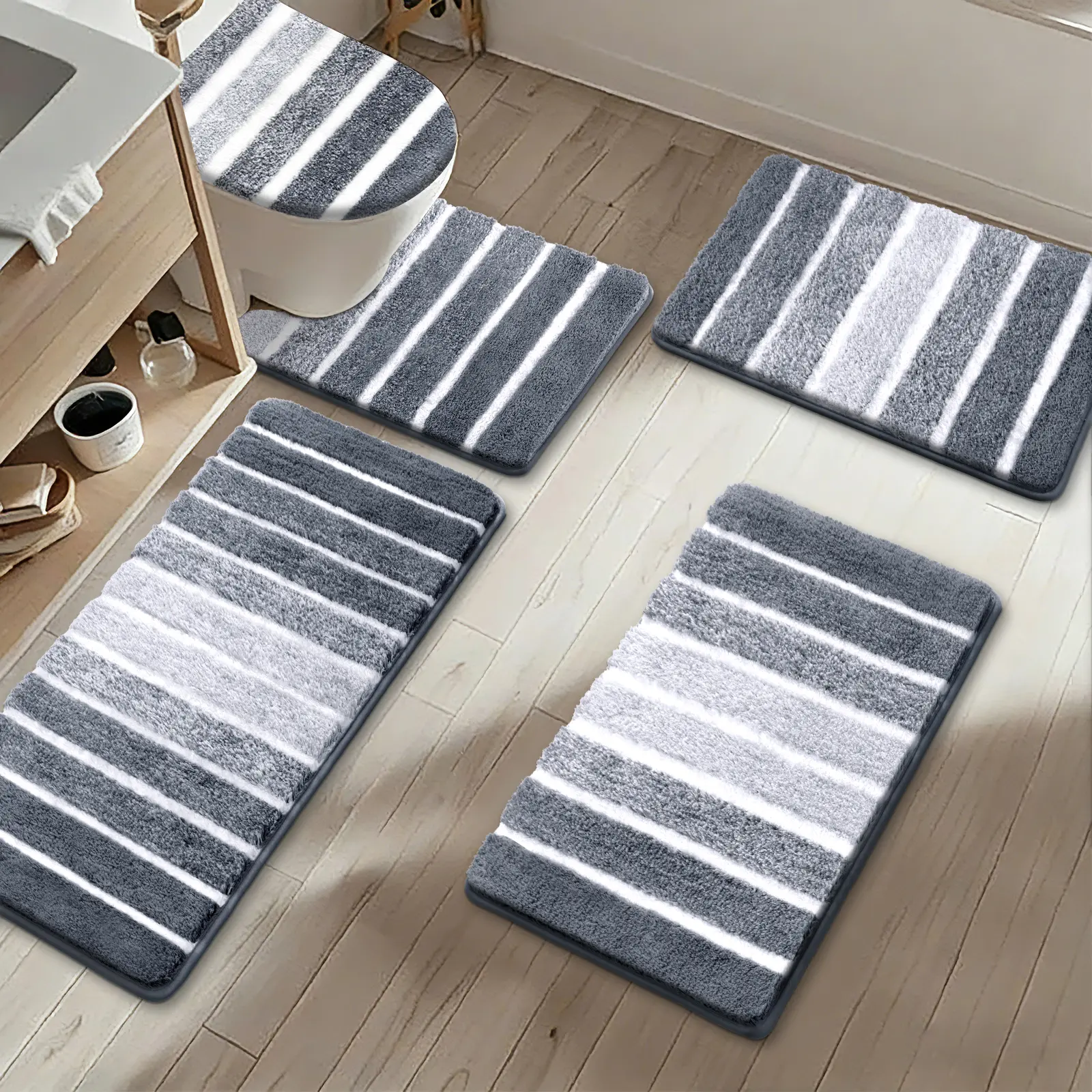 LOKHOM 5-Piece Modern Geometric Square Bathroom Decor Combo Set - Non-Slip Microfiber Bath Mats, 0.78in Thick, 20x48in & 20x24in & 19x21in Sizes, Plush Shag Ultra Soft, Machine Cold Washable, Multiple Water Absorbent Mat/Rug for Bathroom, Shower