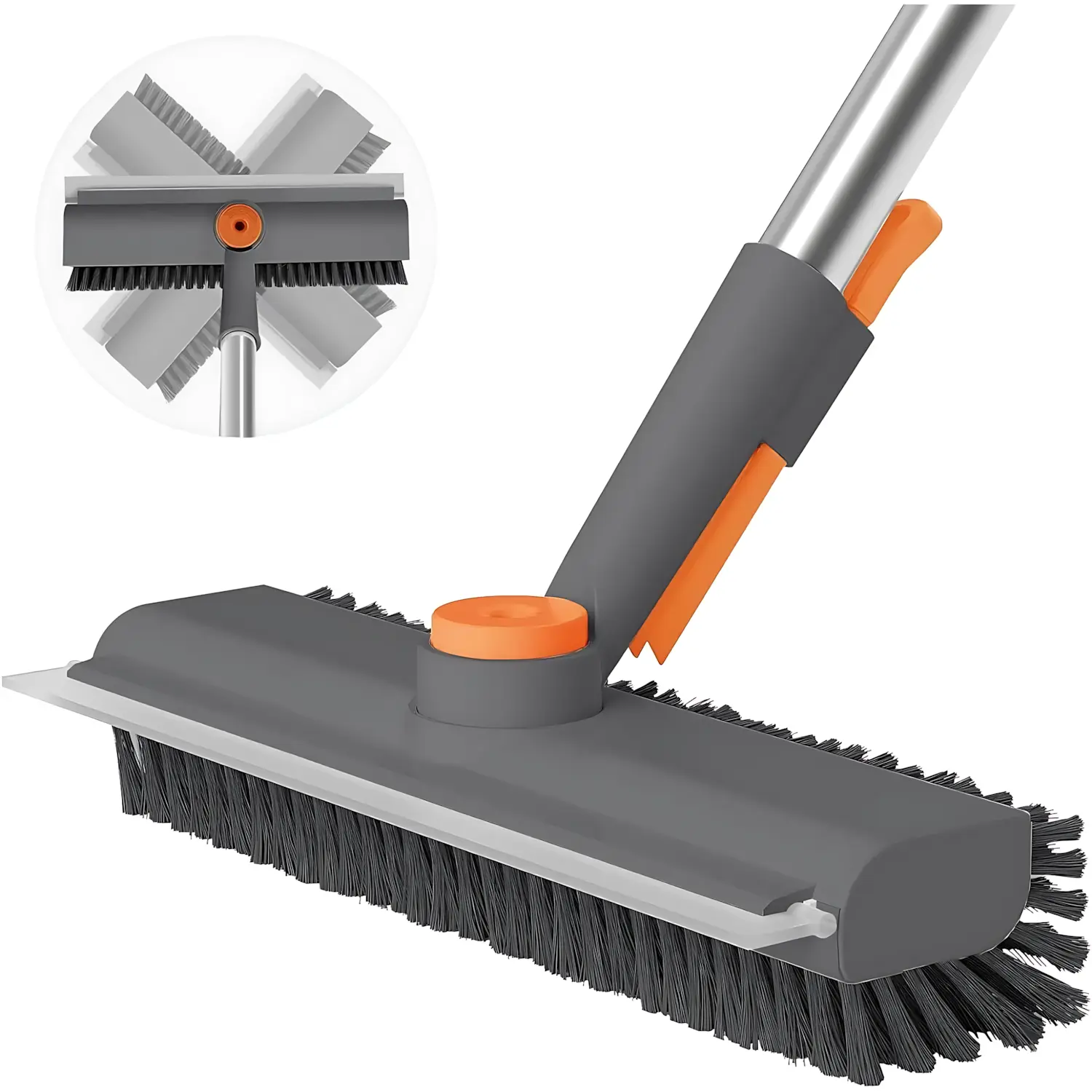 3-in-1 Rotatable Floor Brush+Squeegee with Adjustable Lightweight TPR+Steel Long Handle - 360° Rotatable Head, Heavy-Duty Stiff Bristles, Built-in Scrub Pad, Easy to Rinse for Home Users’ Indoor-Outdoor Multiple Surfaces Deep Cleaning, Bathroom, Cleaning