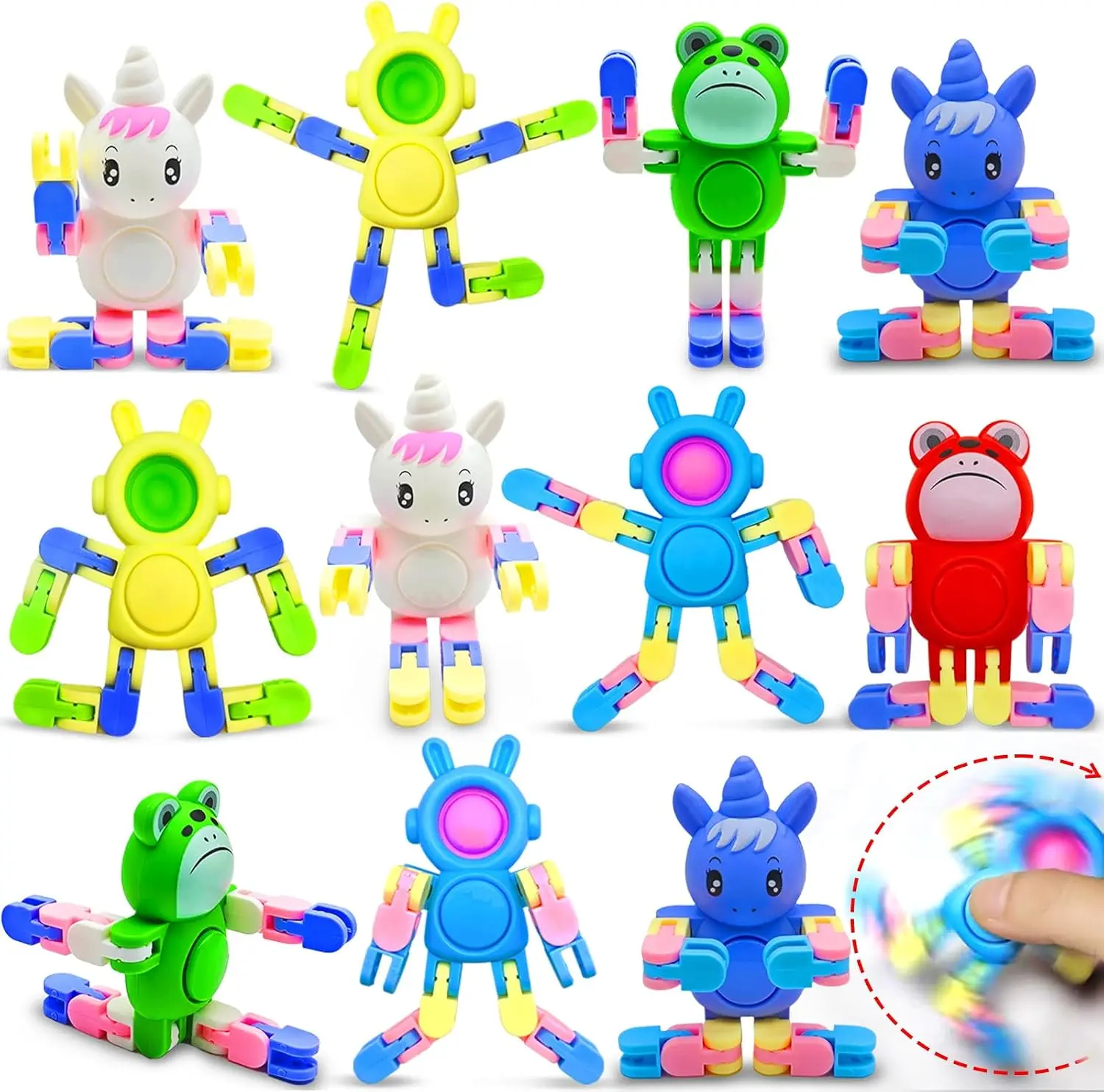 TURNMEON 12-Pack Plastic Transformable Animal Fidget Spinners - Bunny, Unicorn Designs - Unisex Stress Reliever Sensory Toys for Toddlers, Party Favors