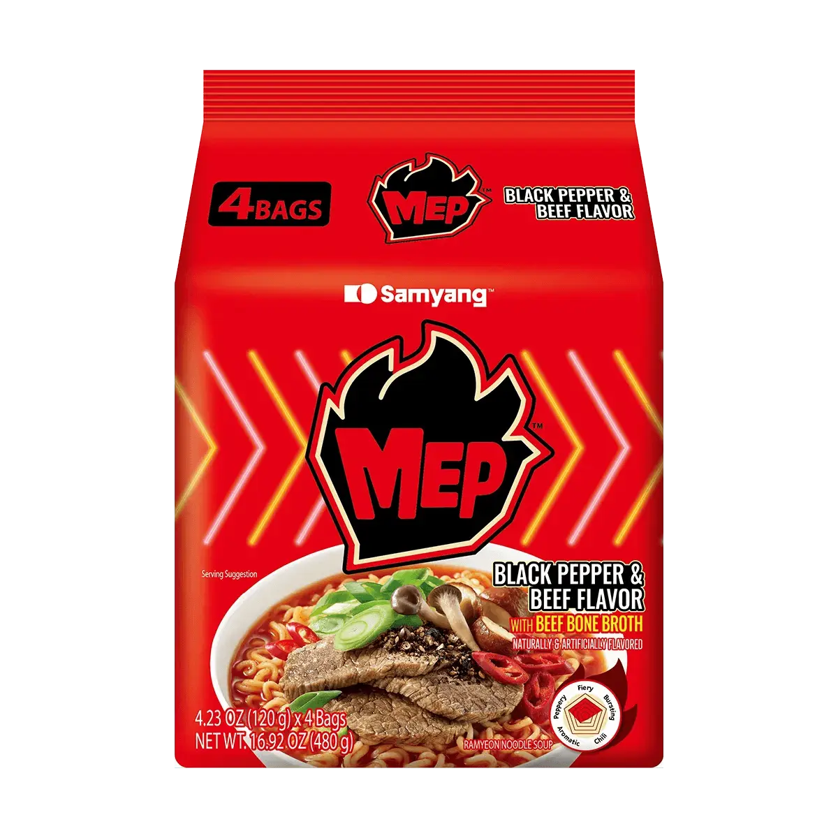 Samyang MEP Series Black Pepper Beef Soup Ramen Noodles - 4 Pack, 480g - Korean Instant Noodles, Spicy Flavor