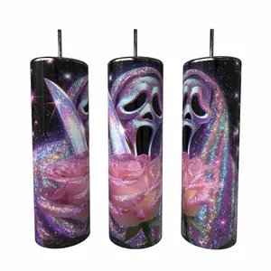 Ghost Face Faux Glitter Pink & Black Tumbler
